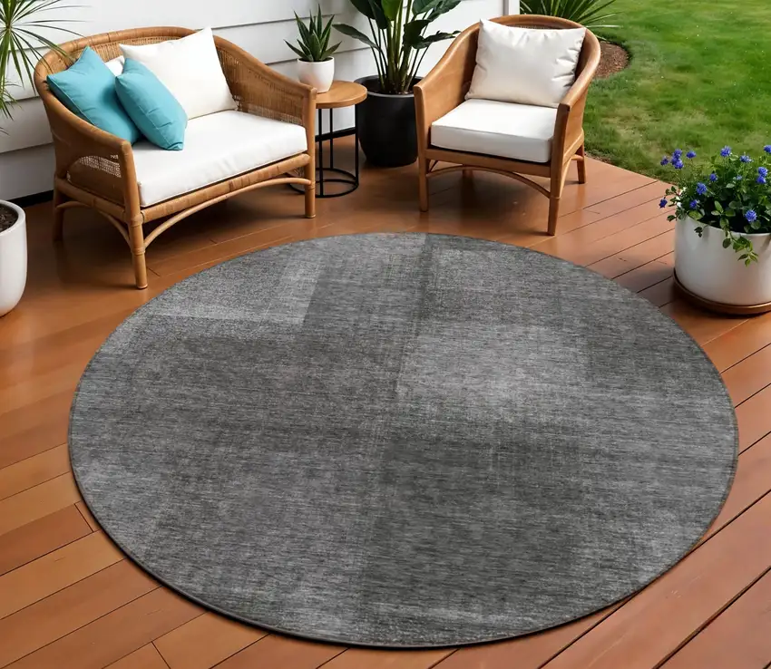 8' Gray Charcoal And Ivory Round Abstract Washable Indoor Outdoor Area Rug Photo 1