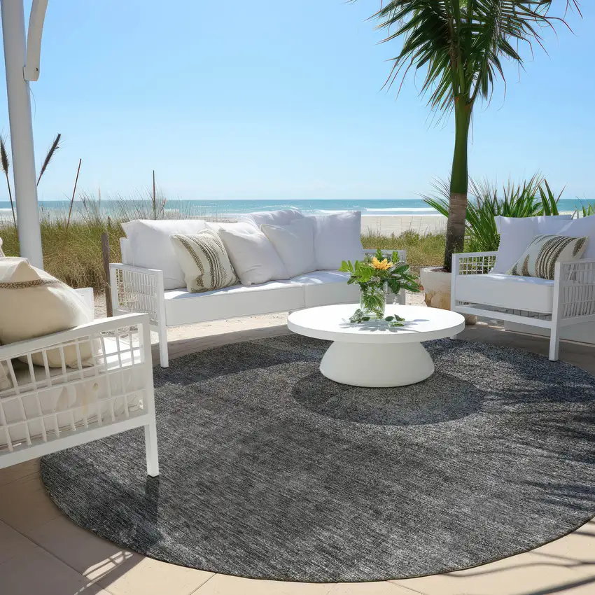 8' Gray Charcoal And Ivory Round Abstract Washable Indoor Outdoor Area Rug Photo 6