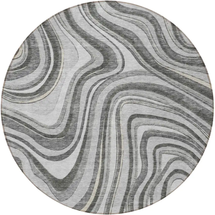 8' Gray Charcoal And Ivory Round Abstract Washable Indoor Outdoor Area Rug Photo 5