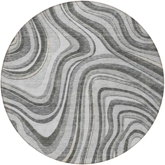 8' Gray Charcoal And Ivory Round Abstract Washable Indoor Outdoor Area Rug Photo 5