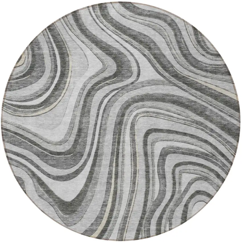 8' Gray Charcoal And Ivory Round Abstract Washable Indoor Outdoor Area Rug Photo 5