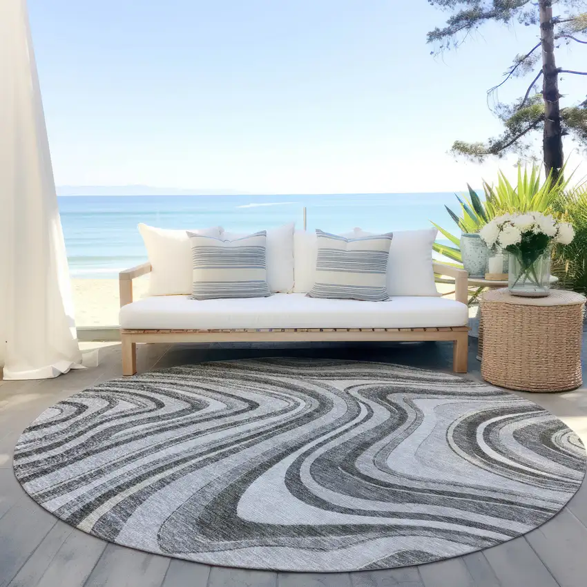 8' Gray Charcoal And Ivory Round Abstract Washable Indoor Outdoor Area Rug Photo 6