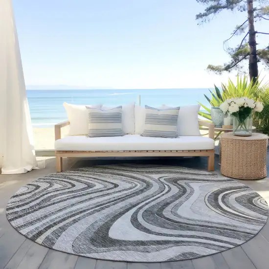 8' Gray Charcoal And Ivory Round Abstract Washable Indoor Outdoor Area Rug Photo 6