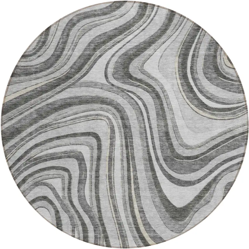 8' Gray Charcoal And Ivory Round Abstract Washable Indoor Outdoor Area Rug Photo 1