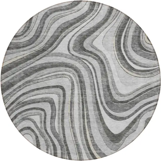 8' Gray Charcoal And Ivory Round Abstract Washable Indoor Outdoor Area Rug Photo 1