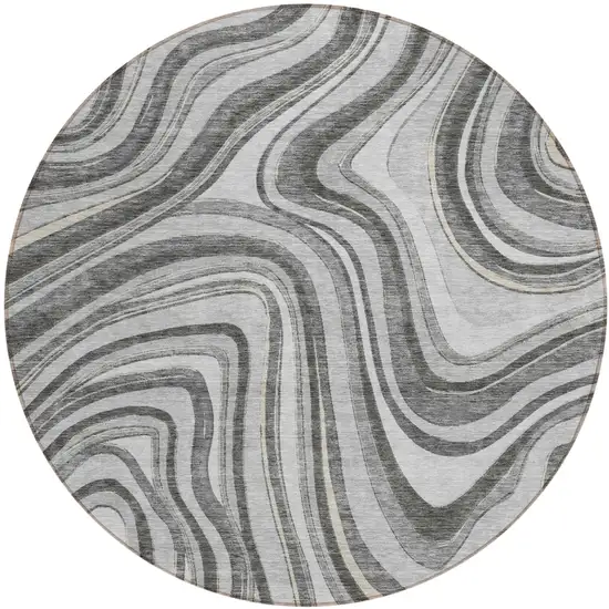 8' Gray Charcoal And Ivory Round Abstract Washable Indoor Outdoor Area Rug Photo 1