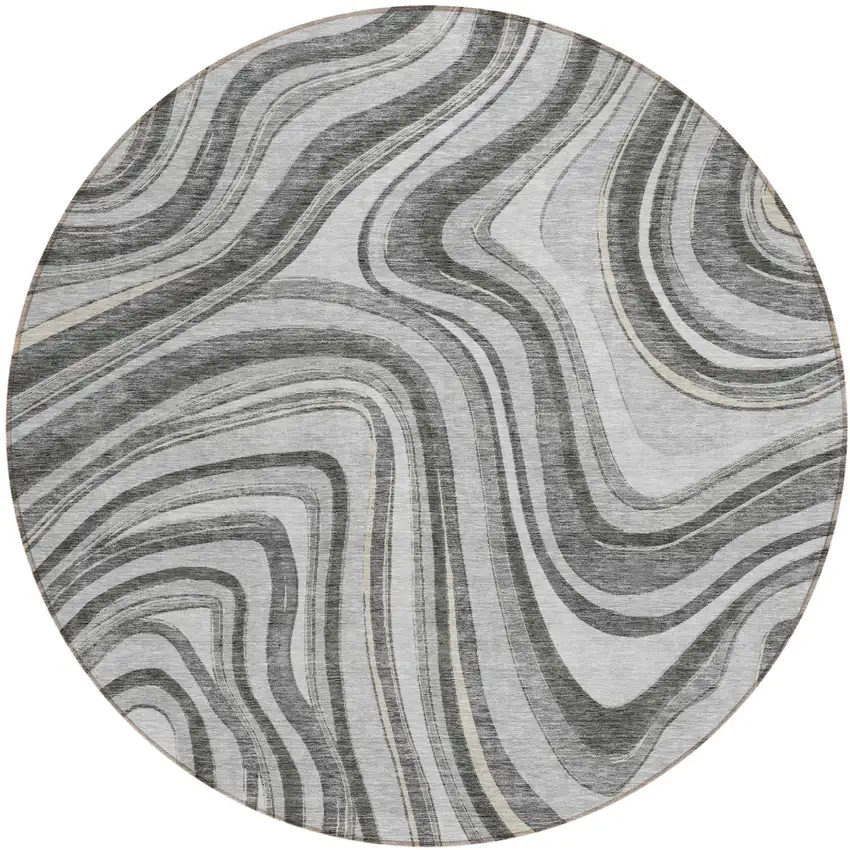 8' Gray Charcoal And Ivory Round Abstract Washable Indoor Outdoor Area Rug Photo 1
