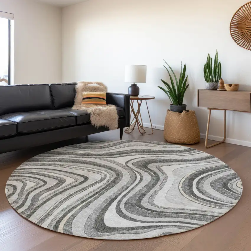 8' Gray Charcoal And Ivory Round Abstract Washable Indoor Outdoor Area Rug Photo 7