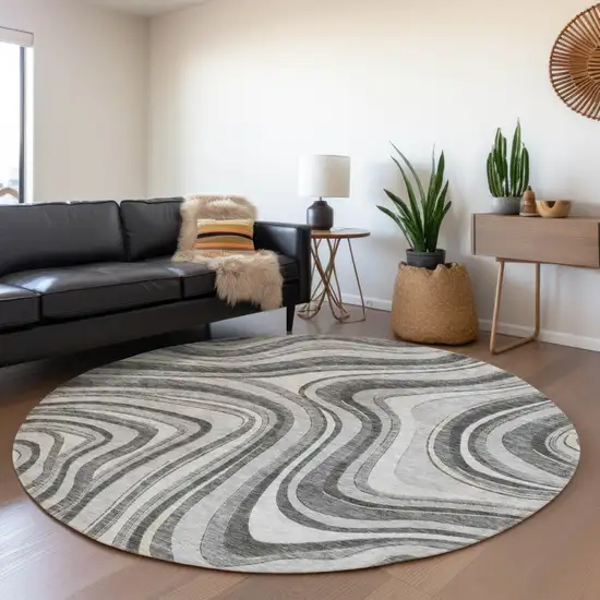 8' Gray Charcoal And Ivory Round Abstract Washable Indoor Outdoor Area Rug Photo 7