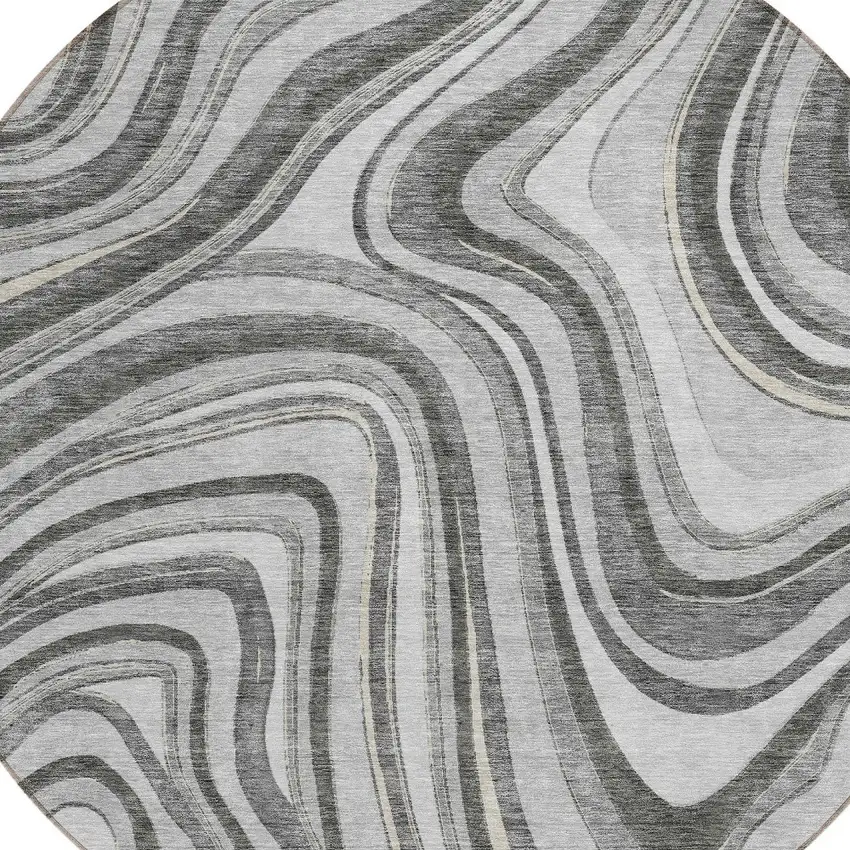 8' Gray Charcoal And Ivory Round Abstract Washable Indoor Outdoor Area Rug Photo 4