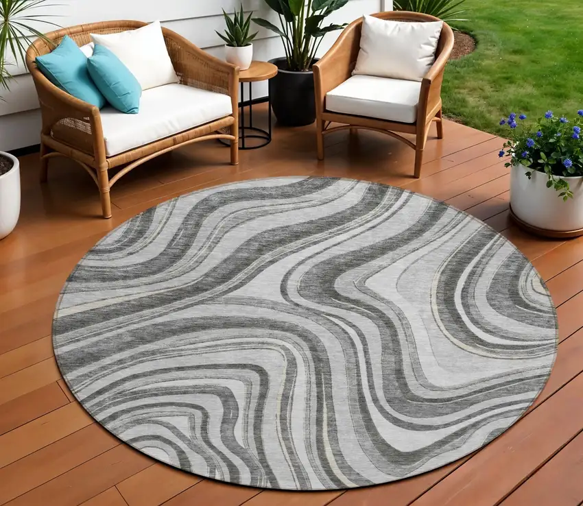 8' Gray Charcoal And Ivory Round Abstract Washable Indoor Outdoor Area Rug Photo 1