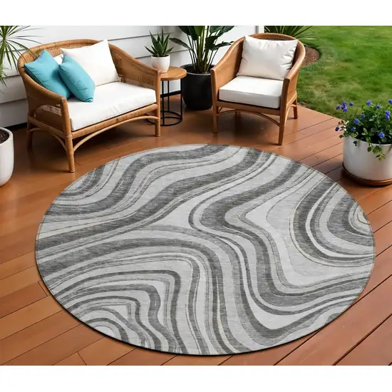8' Gray Charcoal And Ivory Round Abstract Washable Indoor Outdoor Area Rug Photo 1