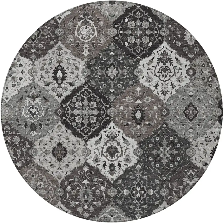 8' Gray Charcoal And Ivory Round Floral Medallion Washable Indoor Outdoor Area Rug Photo 4
