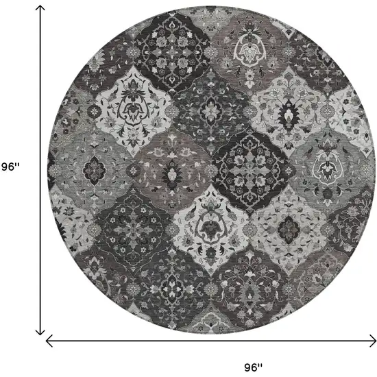 8' Gray Charcoal And Ivory Round Floral Medallion Washable Indoor Outdoor Area Rug Photo 3
