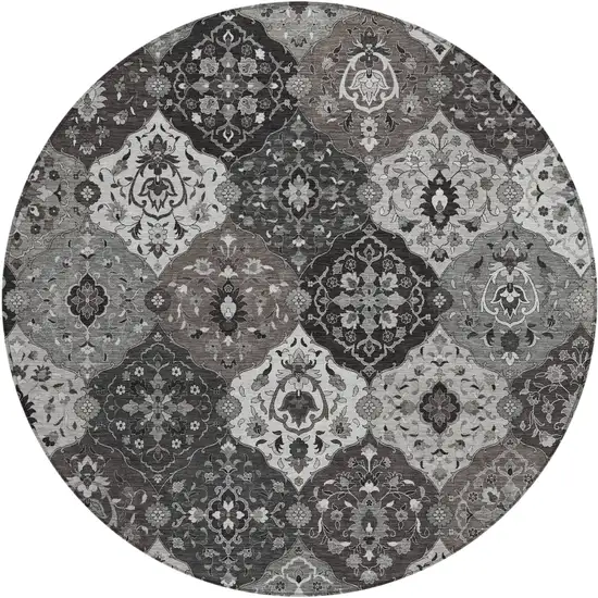 8' Gray Charcoal And Ivory Round Floral Medallion Washable Indoor Outdoor Area Rug Photo 2