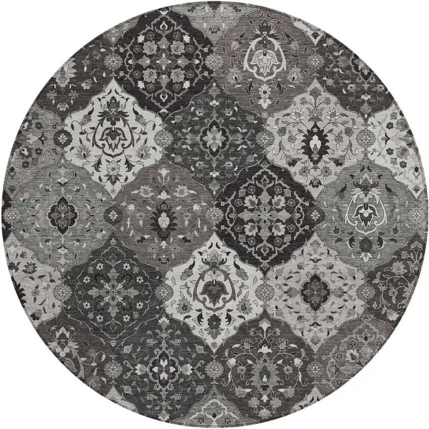 8' Gray Charcoal And Ivory Round Floral Medallion Washable Indoor Outdoor Area Rug Photo 2