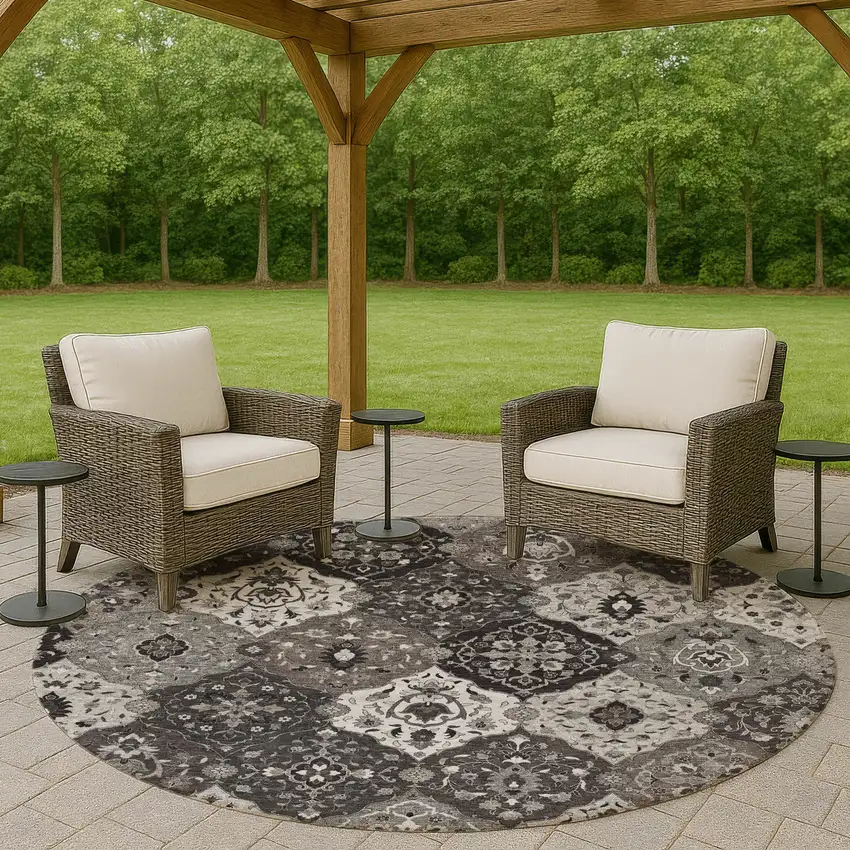 8' Gray Charcoal And Ivory Round Floral Medallion Washable Indoor Outdoor Area Rug Photo 7