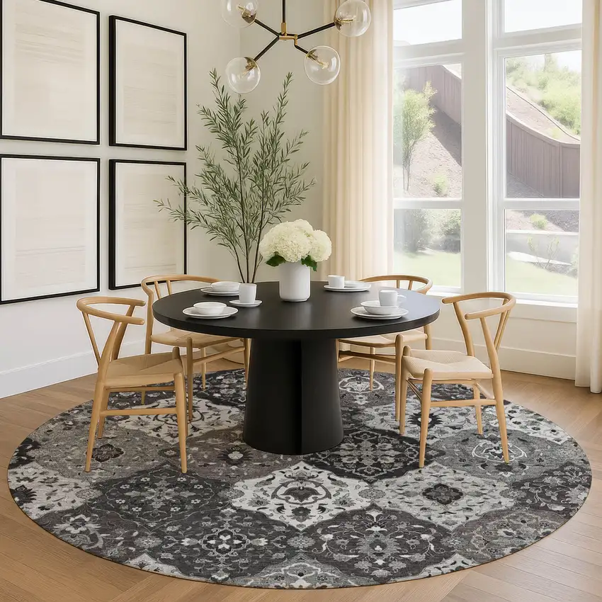 8' Gray Charcoal And Ivory Round Floral Medallion Washable Indoor Outdoor Area Rug Photo 8