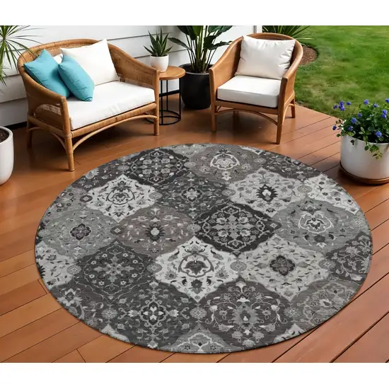 8' Gray Charcoal And Ivory Round Floral Medallion Washable Indoor Outdoor Area Rug Photo 1