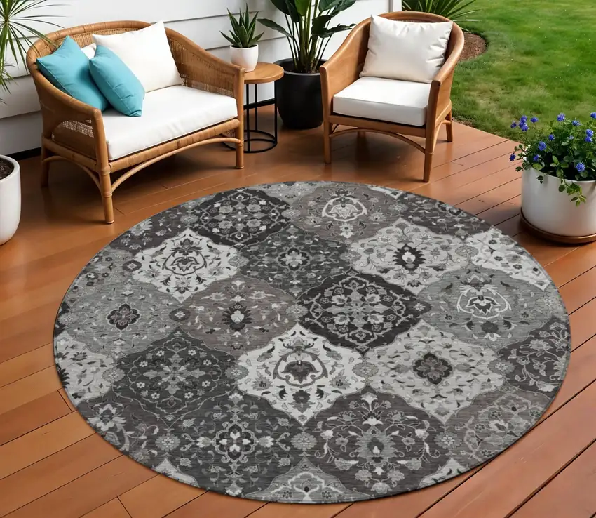 8' Gray Charcoal And Ivory Round Floral Medallion Washable Indoor Outdoor Area Rug Photo 1