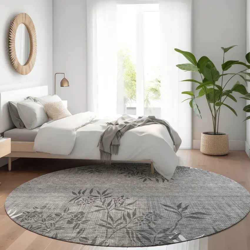 8' Gray Charcoal And Ivory Round Floral Washable Indoor Outdoor Area Rug Photo 7