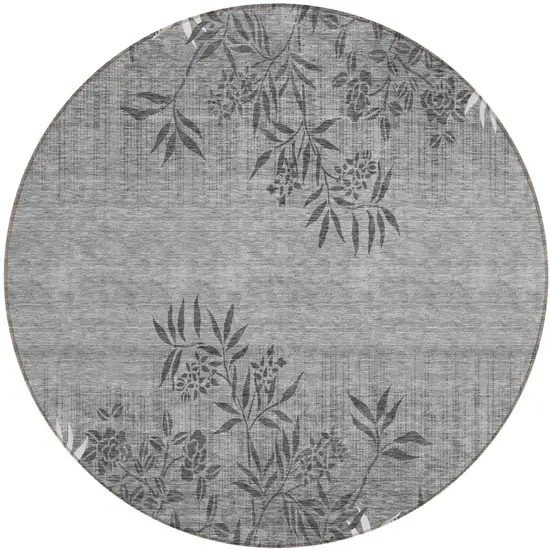 8' Gray Charcoal And Ivory Round Floral Washable Indoor Outdoor Area Rug Photo 2