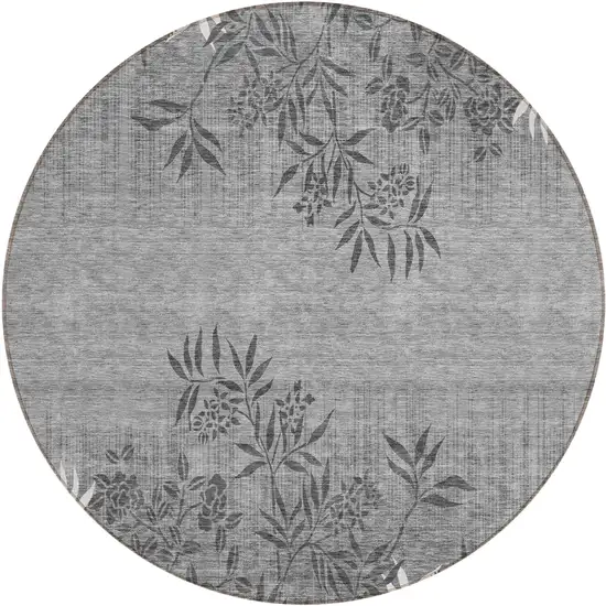 8' Gray Charcoal And Ivory Round Floral Washable Indoor Outdoor Area Rug Photo 2
