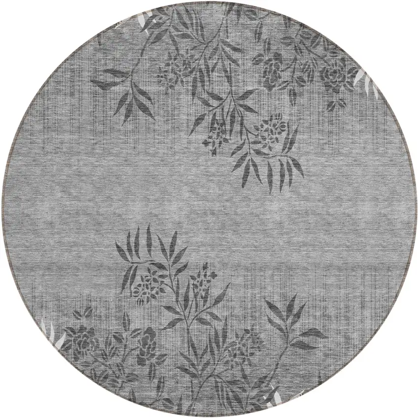 8' Gray Charcoal And Ivory Round Floral Washable Indoor Outdoor Area Rug Photo 2
