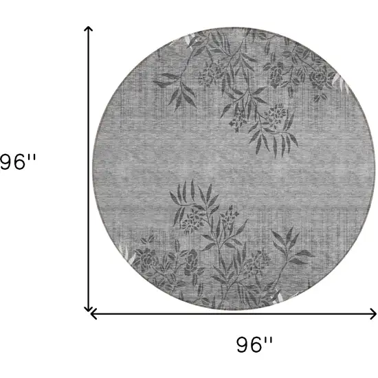 8' Gray Charcoal And Ivory Round Floral Washable Indoor Outdoor Area Rug Photo 3