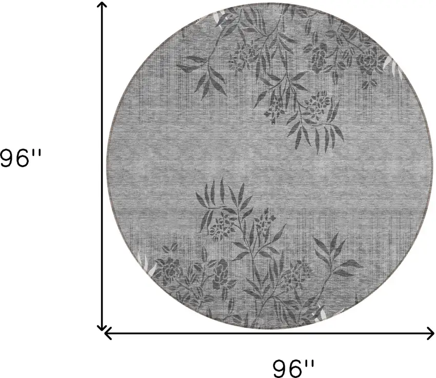 8' Gray Charcoal And Ivory Round Floral Washable Indoor Outdoor Area Rug Photo 3