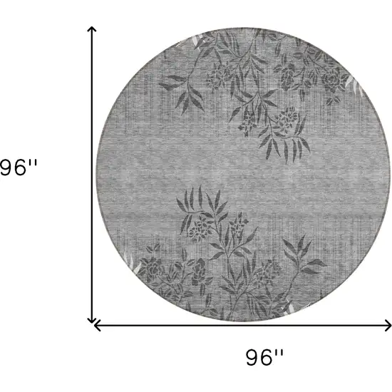 8' Gray Charcoal And Ivory Round Floral Washable Indoor Outdoor Area Rug Photo 3