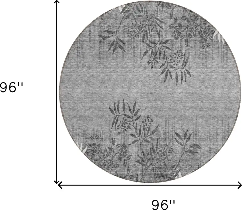 8' Gray Charcoal And Ivory Round Floral Washable Indoor Outdoor Area Rug Photo 3