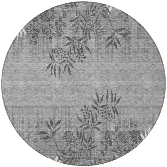 8' Gray Charcoal And Ivory Round Floral Washable Indoor Outdoor Area Rug Photo 5