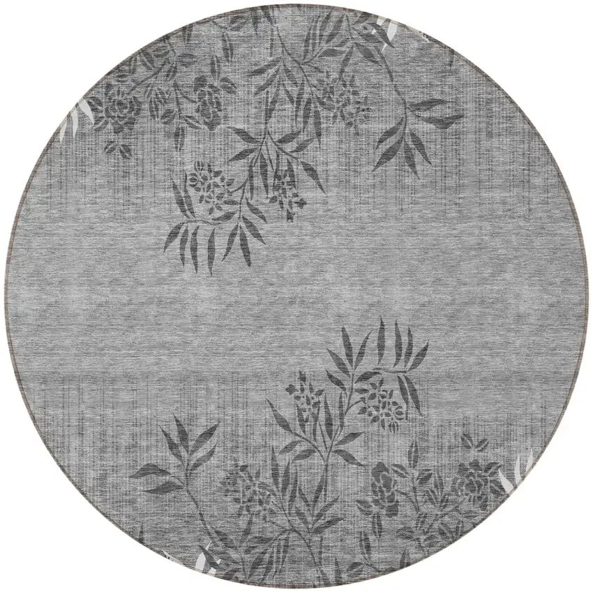 8' Gray Charcoal And Ivory Round Floral Washable Indoor Outdoor Area Rug Photo 5