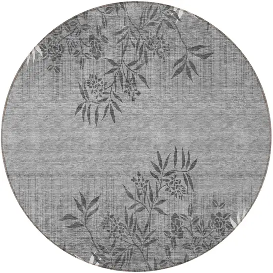 8' Gray Charcoal And Ivory Round Floral Washable Indoor Outdoor Area Rug Photo 5