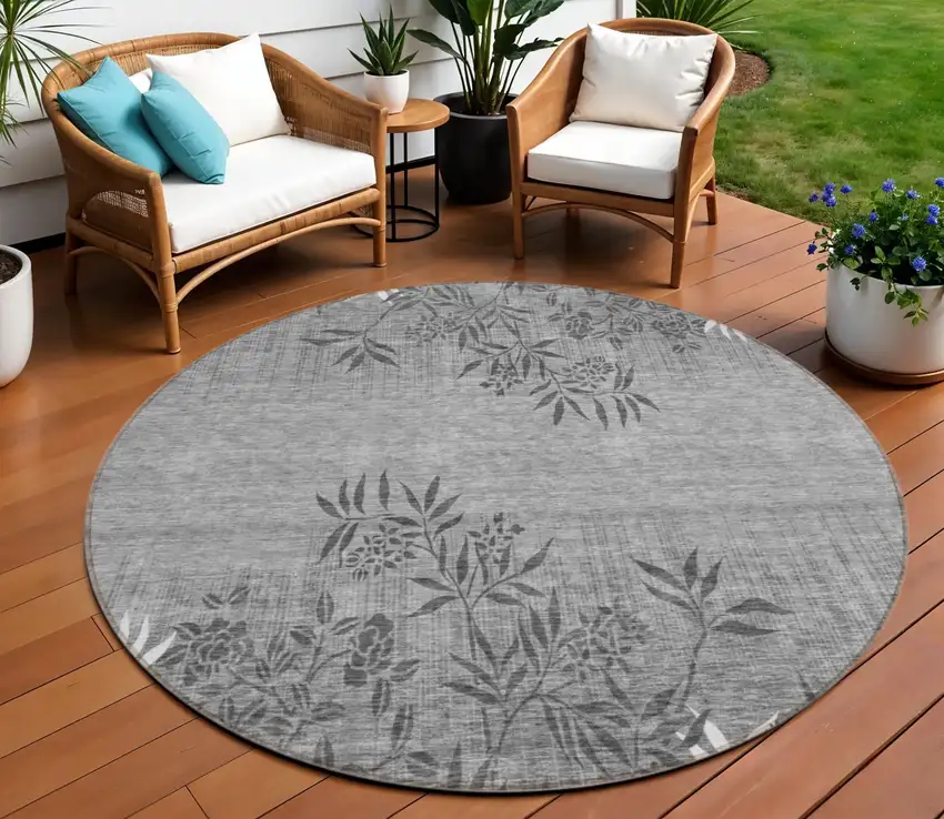 8' Gray Charcoal And Ivory Round Floral Washable Indoor Outdoor Area Rug Photo 1