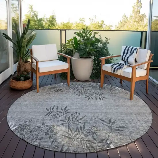 8' Gray Charcoal And Ivory Round Floral Washable Indoor Outdoor Area Rug Photo 6