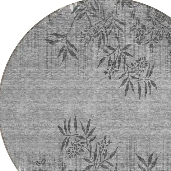 8' Gray Charcoal And Ivory Round Floral Washable Indoor Outdoor Area Rug Photo 4
