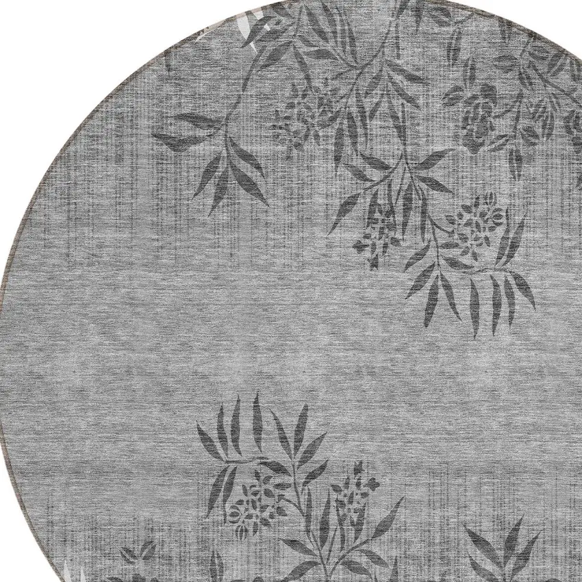 8' Gray Charcoal And Ivory Round Floral Washable Indoor Outdoor Area Rug Photo 4