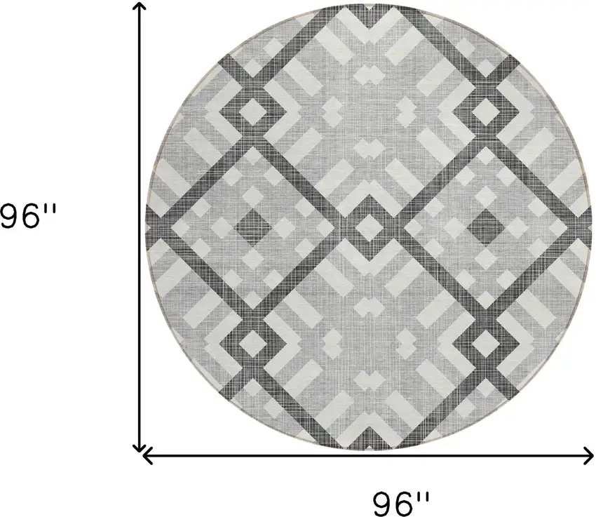 8' Gray Charcoal And Ivory Round Geometric Washable Indoor Outdoor Area Rug Photo 3