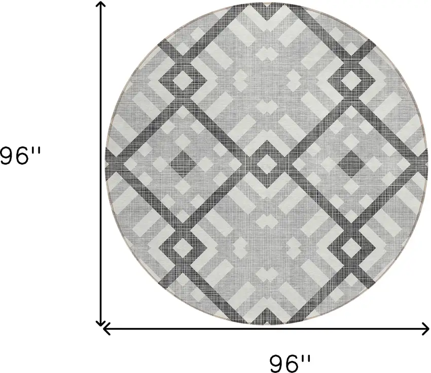 8' Gray Charcoal And Ivory Round Geometric Washable Indoor Outdoor Area Rug Photo 3