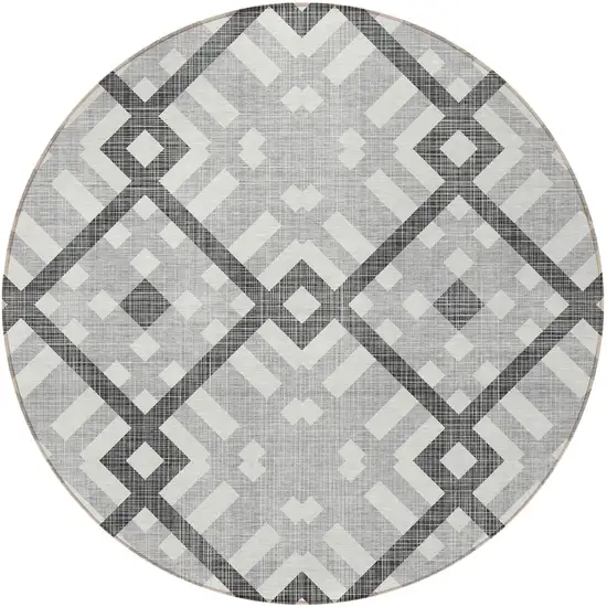 8' Gray Charcoal And Ivory Round Geometric Washable Indoor Outdoor Area Rug Photo 4