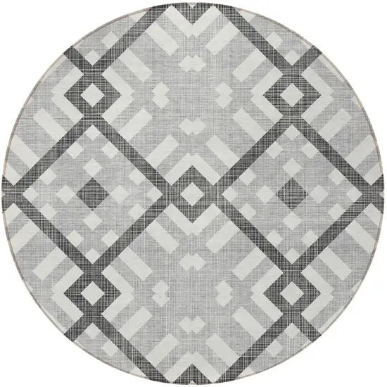 8' Gray Charcoal And Ivory Round Geometric Washable Indoor Outdoor Area Rug Photo 4