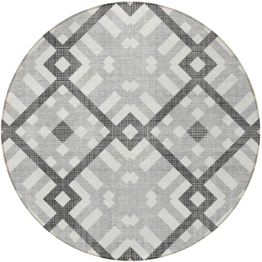 8' Gray Charcoal And Ivory Round Geometric Washable Indoor Outdoor Area Rug Photo 4
