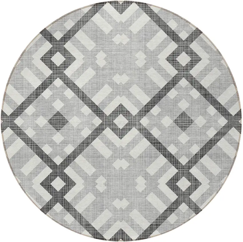8' Gray Charcoal And Ivory Round Geometric Washable Indoor Outdoor Area Rug Photo 4