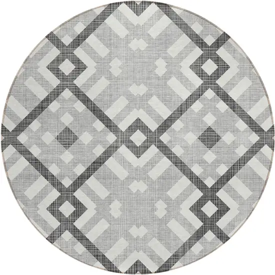 8' Gray Charcoal And Ivory Round Geometric Washable Indoor Outdoor Area Rug Photo 2