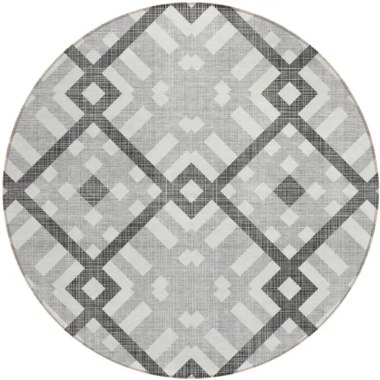 8' Gray Charcoal And Ivory Round Geometric Washable Indoor Outdoor Area Rug Photo 2