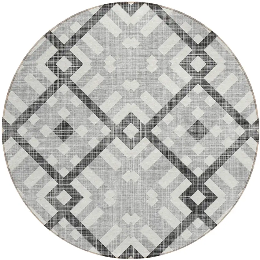 8' Gray Charcoal And Ivory Round Geometric Washable Indoor Outdoor Area Rug Photo 2