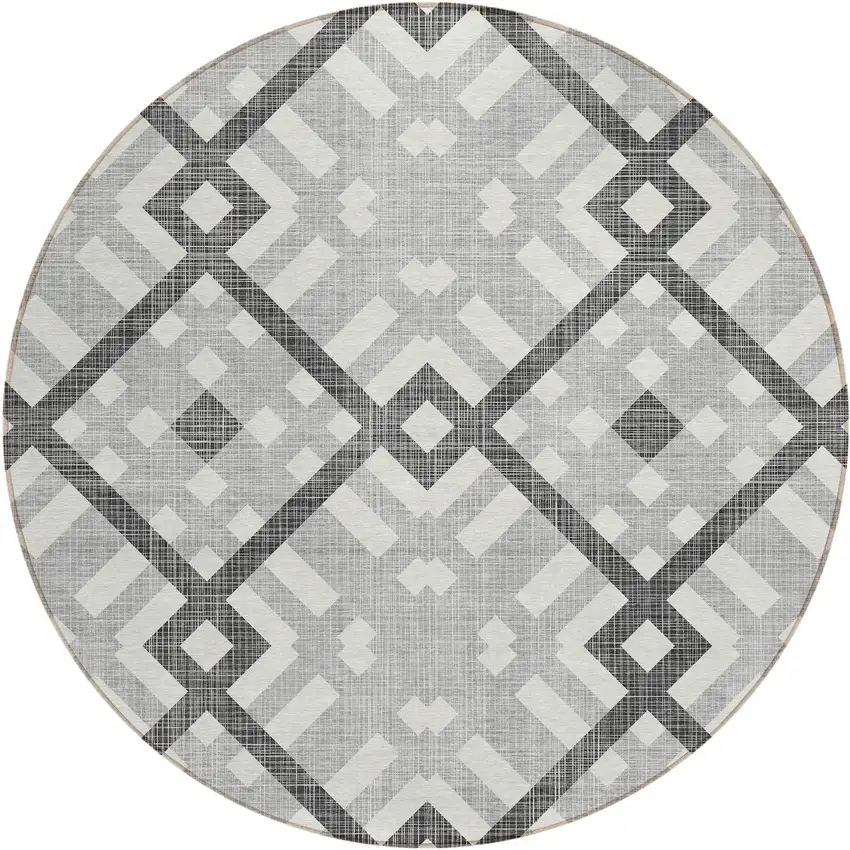 8' Gray Charcoal And Ivory Round Geometric Washable Indoor Outdoor Area Rug Photo 2