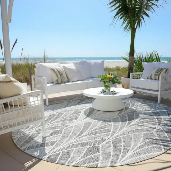 8' Gray Charcoal And Ivory Round Geometric Washable Indoor Outdoor Area Rug Photo 7